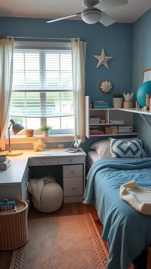 25 Stunning Luxury Dorm Room Ideas to Elevate Your Space 11 A cozy dorm room with blue walls, nautical decor, and a comfortable bed, featuring a desk and natural light.