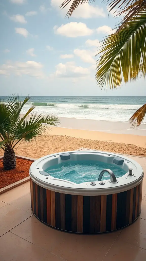 15 Inspiring Outdoor Jacuzzi Ideas for Your Backyard Retreat 2 Outdoor jacuzzi by the beach surrounded by palm trees