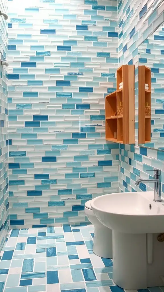 25 Stunning Bathroom Tile Combination Ideas to Transform Your Space 13 A bathroom featuring sea glass tiles in blue shades, with a wooden shelf and modern sink.