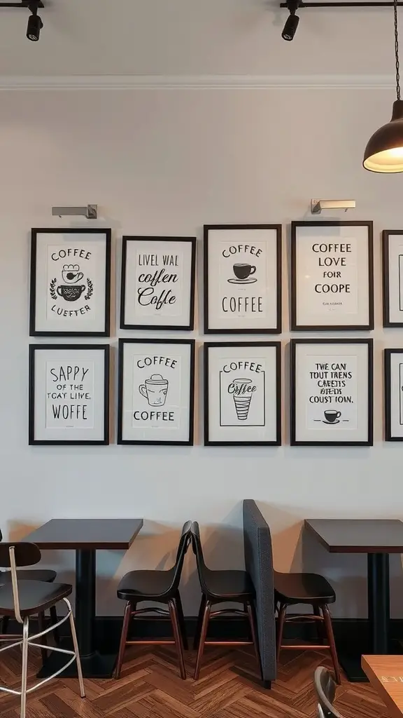 19 Creative Home Cafe Ideas to Elevate Your Coffee Experience 17 A coffee art gallery wall featuring framed prints with coffee-themed quotes and illustrations.