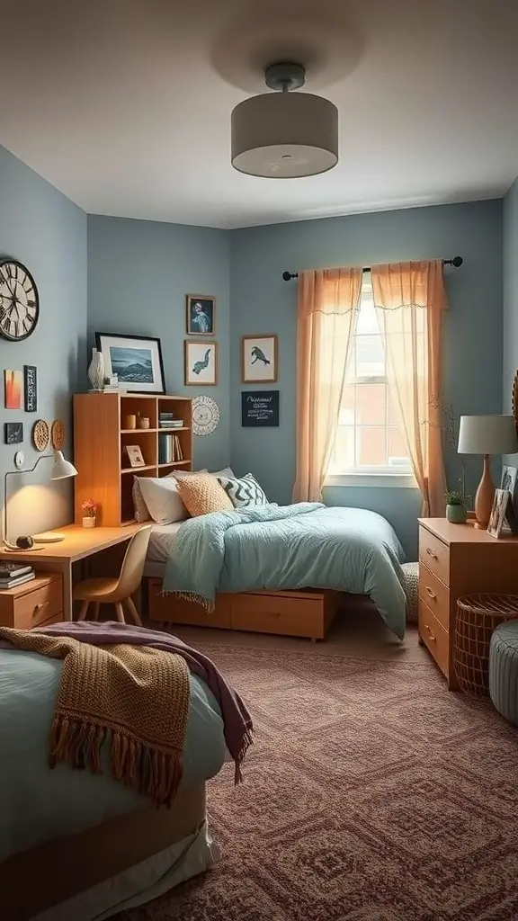 19 Cozy Dorm Room Aesthetic Ideas to Transform Your Space 15 A cozy dorm room featuring soft blue walls, warm wood furniture, and a harmonious color scheme