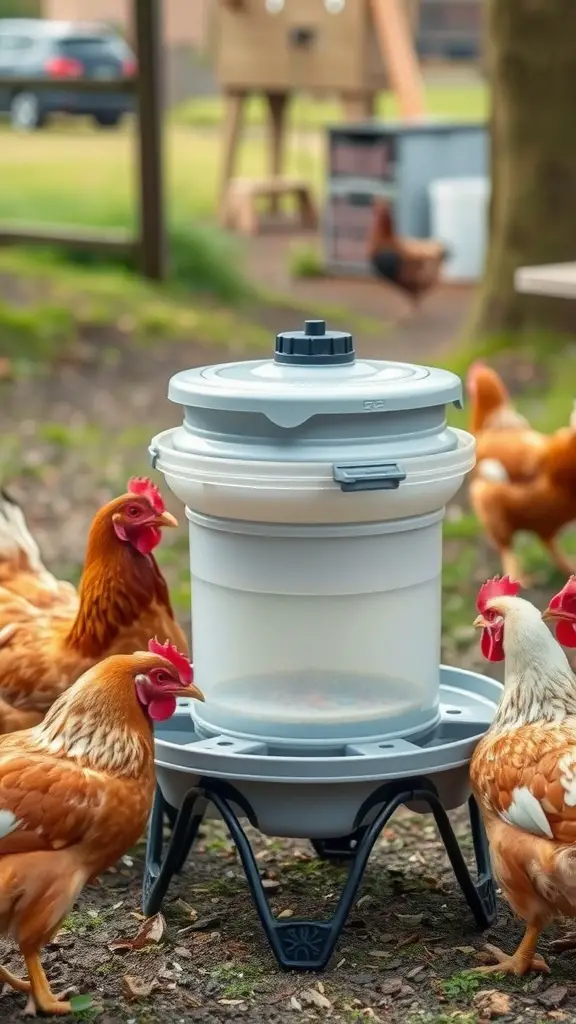 17 Creative DIY Chicken Waterer Ideas for Your Coop 11 Collapsible chicken waterer surrounded by chickens in a yard.