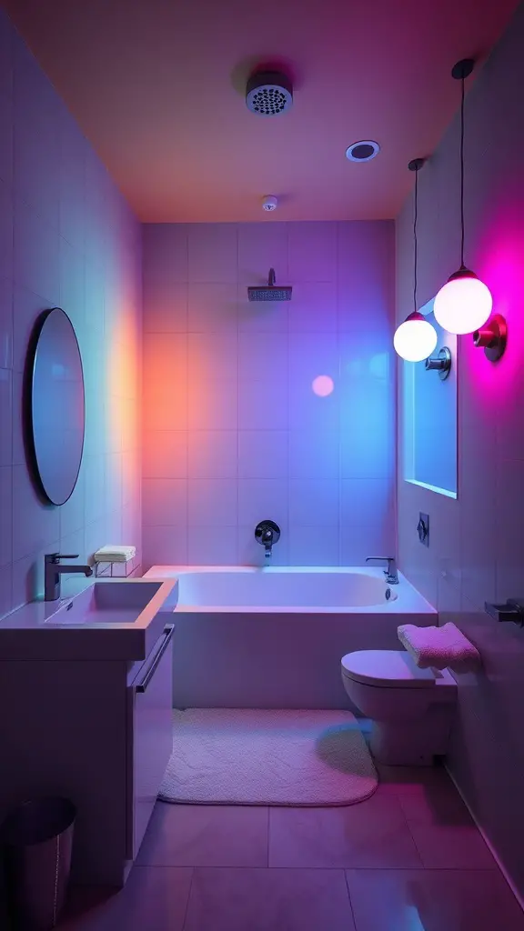 17 Stunning Bathroom Lighting Ideas to Transform Your Space 5 A modern bathroom featuring color-changing smart bulbs with vibrant lighting.