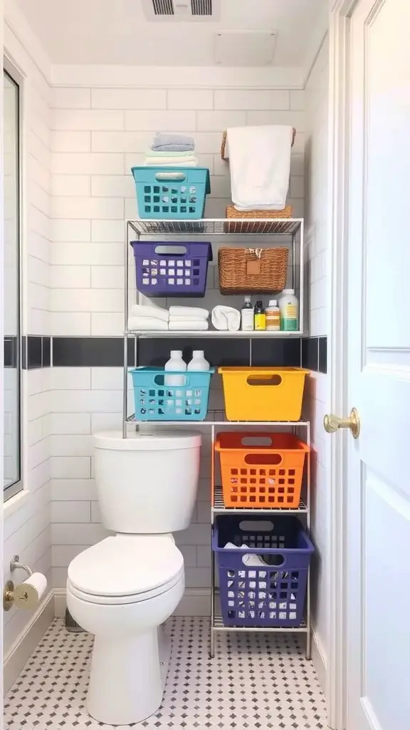 23 Creative College Bathroom Decor Ideas for a Stylish Space 12 A bathroom shelf with color-coded storage baskets in shades of blue, orange, and purple, neatly organized.