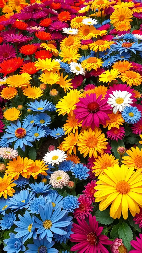 A vibrant mix of colorful flowers including red, yellow, blue, and pink in a flower bed.