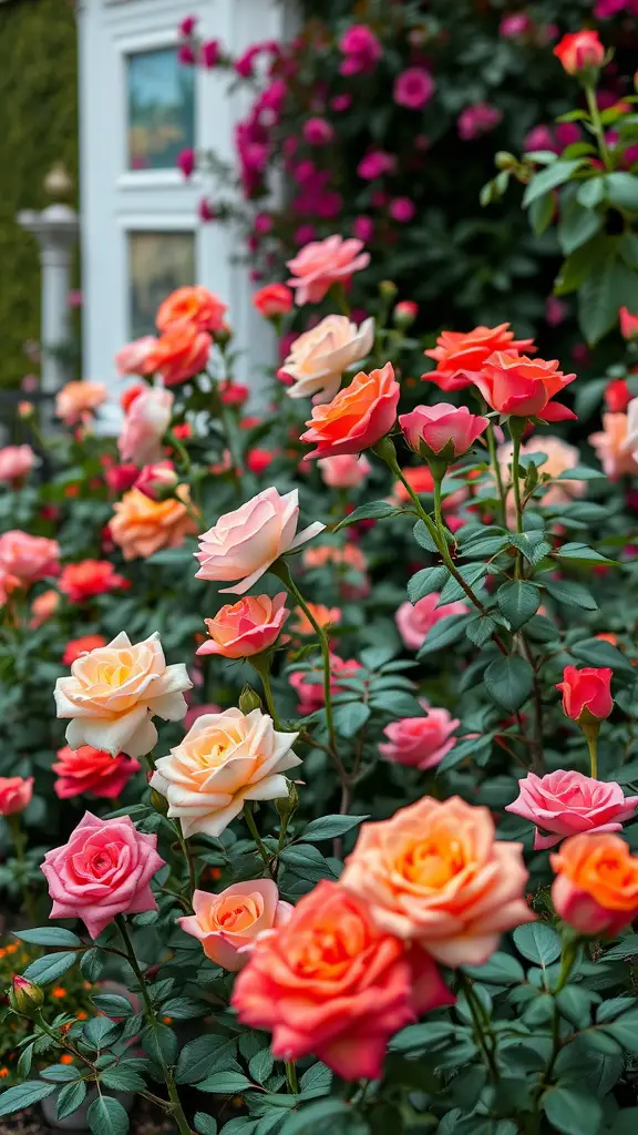 29 Stunning Rose Garden Ideas to Elevate Your Outdoor Space 9 A vibrant rose garden featuring shades of pink, peach, and coral roses with green leaves.