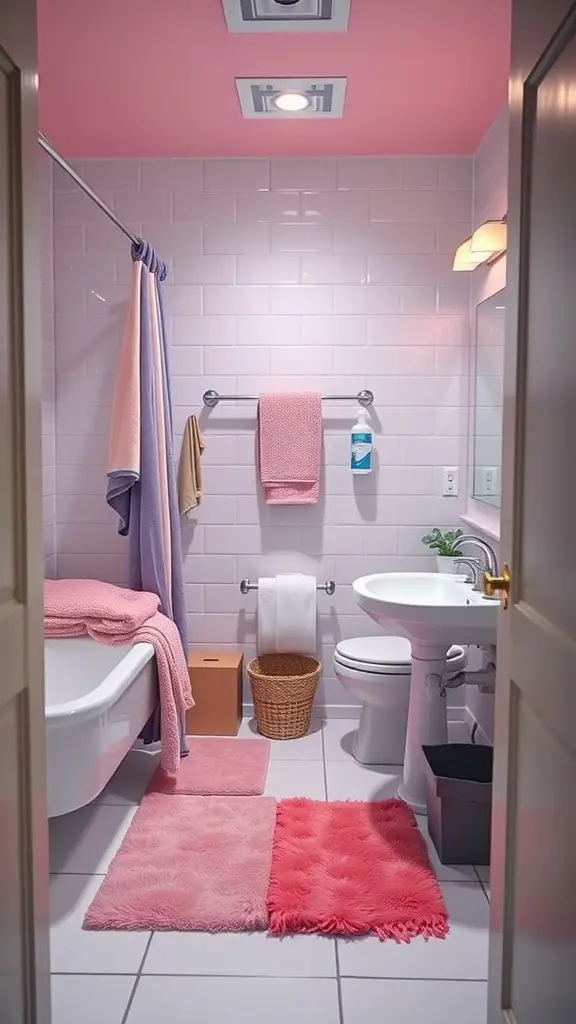 19 Creative Dorm Bathroom Ideas for a Stylish Space 11 A dorm bathroom featuring a pink ceiling, tiled walls, and coordinated towels and mats in soft colors.