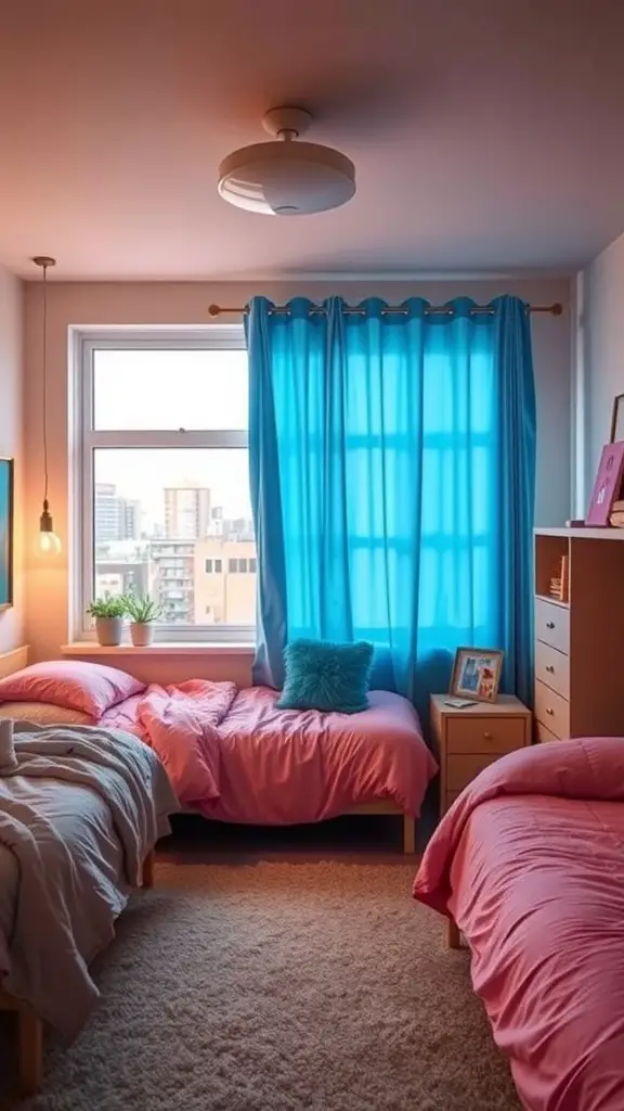 23 Creative Triple Dorm Room Ideas to Maximize Space and Style 4 A stylish triple dorm room featuring pink beds and bright blue curtains, creating a cozy atmosphere.