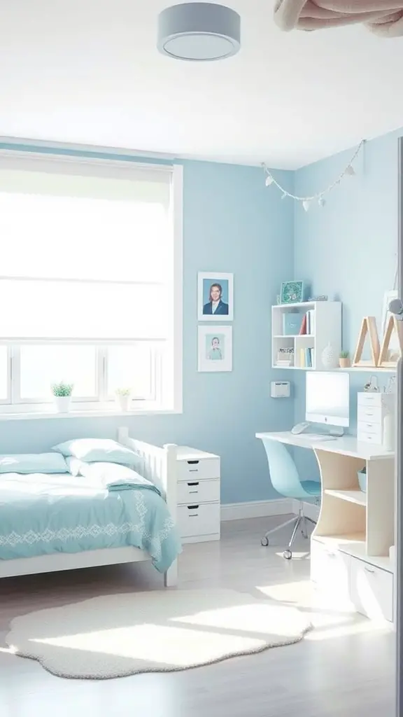 19 Creative Dorm Layout Ideas to Maximize Your Space 5 A cozy dorm room with light blue walls, a bed with a blue comforter, and a desk area, creating a calming atmosphere.