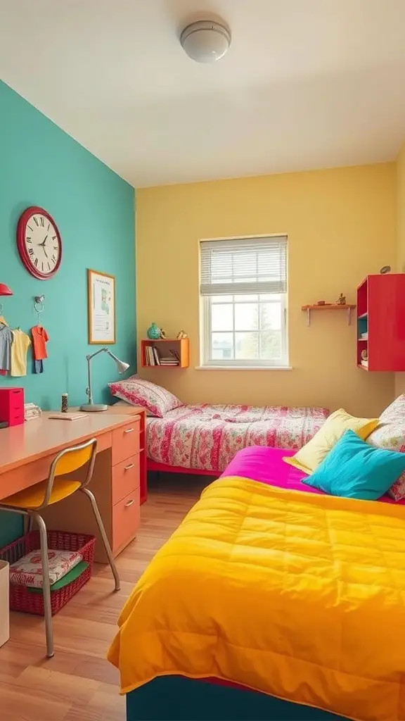 19 Creative Small Dorm Room Ideas to Maximize Your Space 9 A small dorm room featuring teal and yellow walls, colorful bedding, and bright furniture.