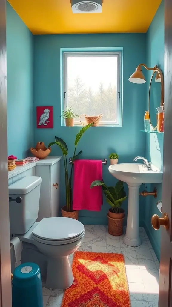 19 Creative Windowless Bathroom Ideas You’ll Love 13 A colorful windowless bathroom featuring teal walls, a yellow ceiling, and various accents like plants, art, and towels.