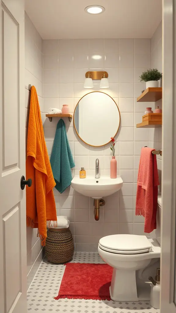 27 Clever Tiny Bathroom Ideas for Maximum Style and Functionality 15 A small bathroom with colorful towels, a bright rug, and a round mirror.