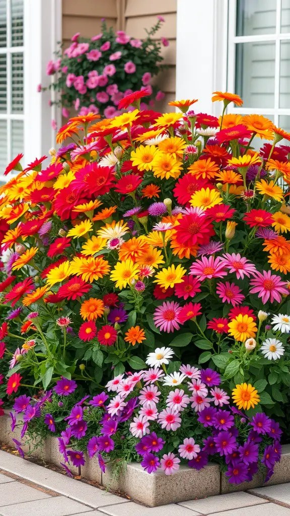15 Beautiful Corner Flower Bed Ideas for Your Garden 10 A vibrant corner flower bed filled with colorful annual flowers like daisies, petunias, and gerbera daisies.