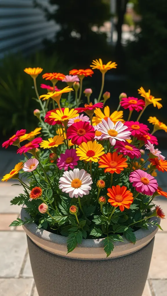 15 Stunning Planter Ideas for Full Sun Gardens 5 A vibrant planter filled with colorful annual flowers including yellow, pink, and orange blooms.