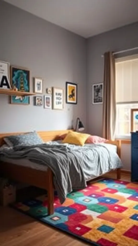 21 Creative Boys Dorm Room Ideas to Elevate Your Space 14 Colorful area rug in a boys' dorm room with a bed and wall art.