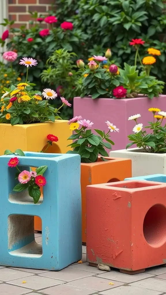 15 Creative Cinder Block Planter Ideas for Your Garden 2 Colorful cinder blocks painted in blue, orange, yellow, and pink with flowers planted in them.