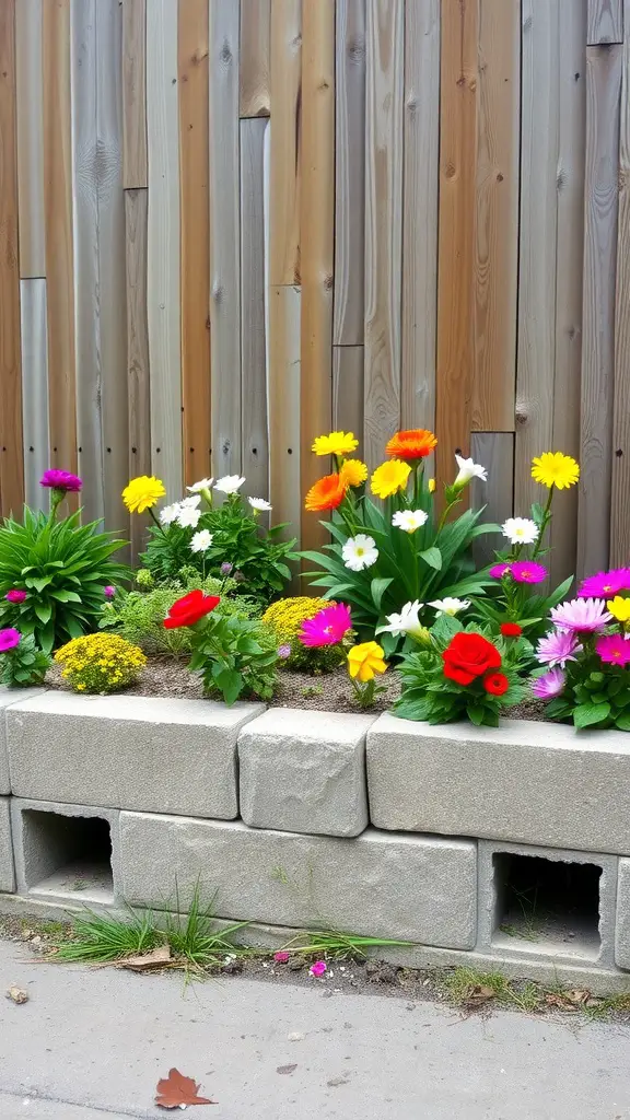 17 Creative Raised Flower Bed Ideas for Your Fence Garden 9 Colorful flowers in cinder block planters against a wooden fence