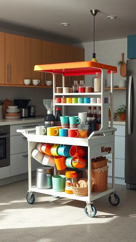 19 Creative Home Cafe Ideas to Elevate Your Coffee Experience 4 A colorful coffee cart on wheels with various mugs and containers, set in a modern kitchen.