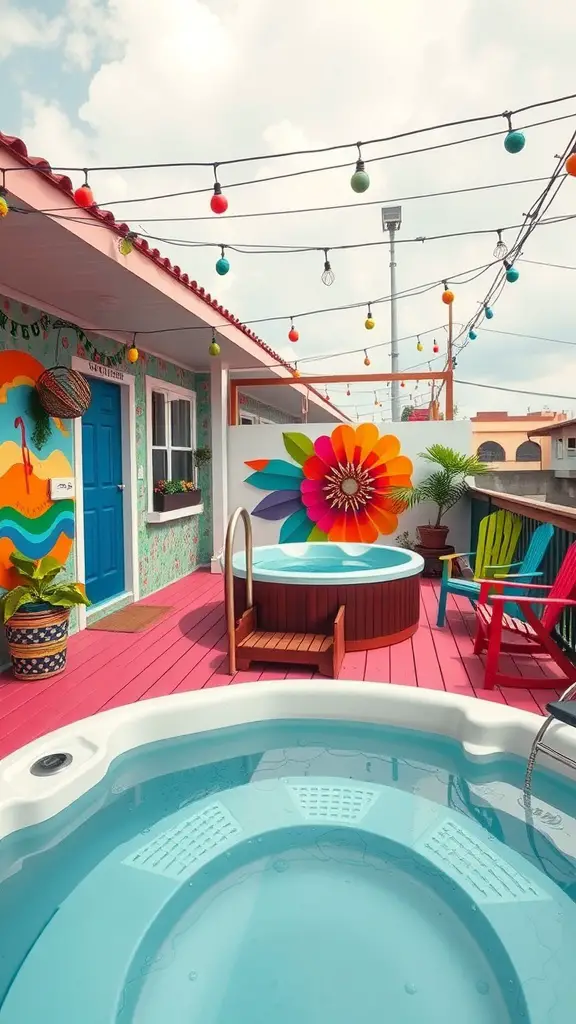 Colorful deck with a hot tub and artistic floral mural