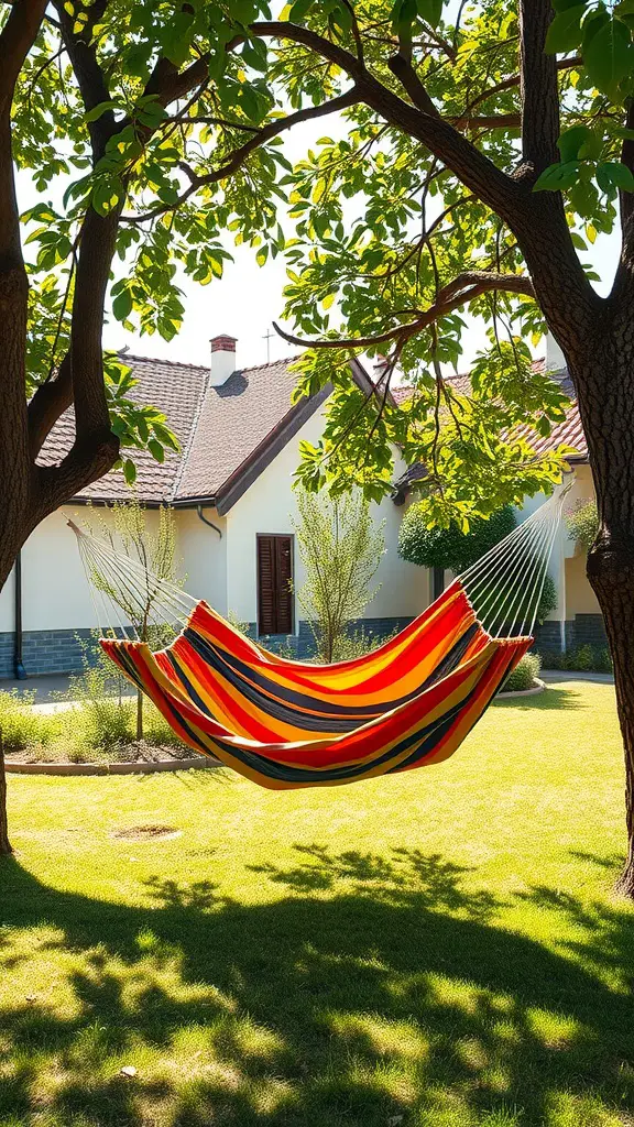 27 Creative Outdoor Swing Ideas for Your Backyard Bliss 5 Colorful fabric hammock hanging between two trees in a sunny garden