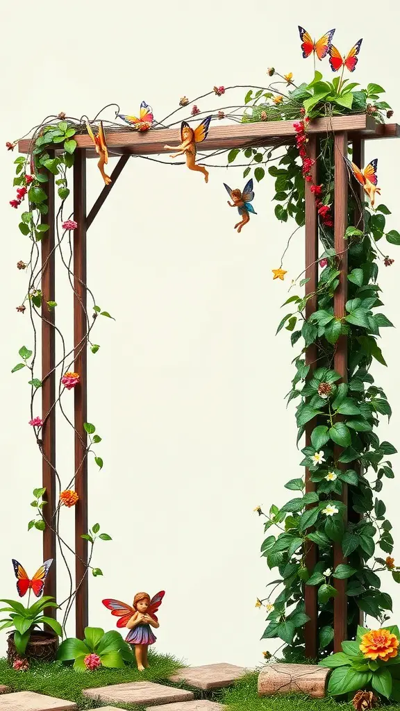 25 Enchanting Outdoor Fairy Garden Ideas to Inspire Your Creativity 16 A colorful fairy garden trellis with flowers, butterflies, and fairy figurines