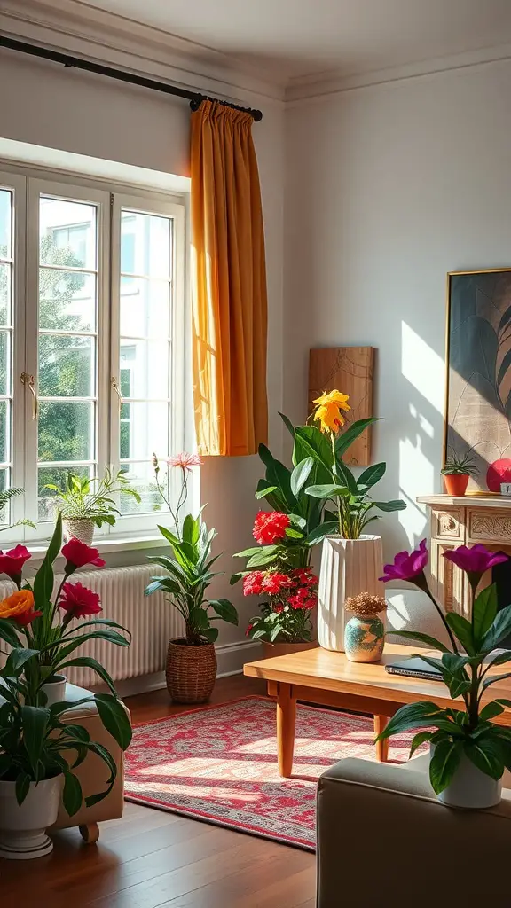 21 Stunning Room Plants Ideas to Transform Your Space 16 Cozy room filled with colorful flower plants, warm sunlight, and a wooden table.