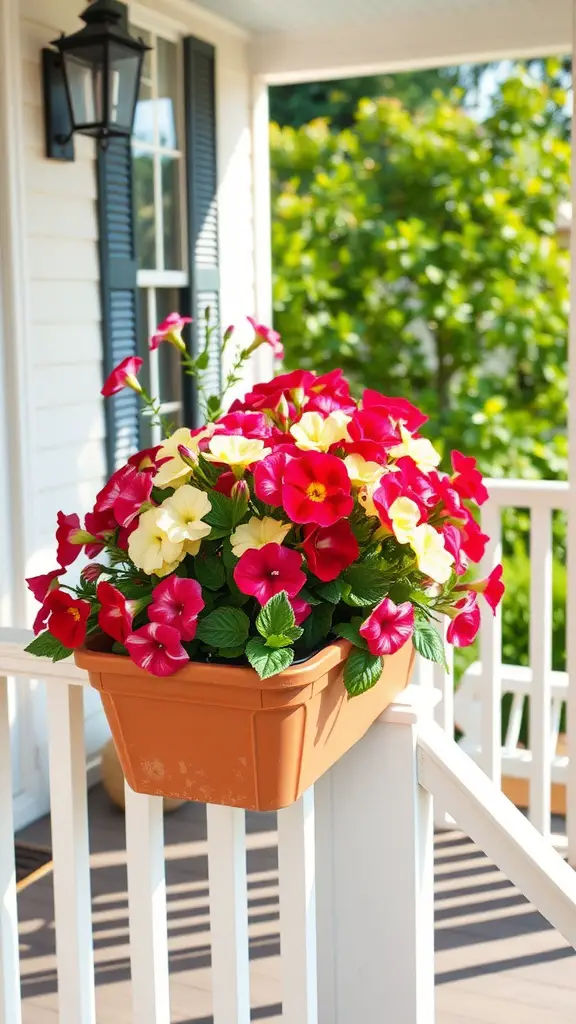 21 Stunning Faux Plants to Elevate Your Front Porch Decor 5 A colorful flower box with vibrant faux petunias in red and yellow on a porch railing.