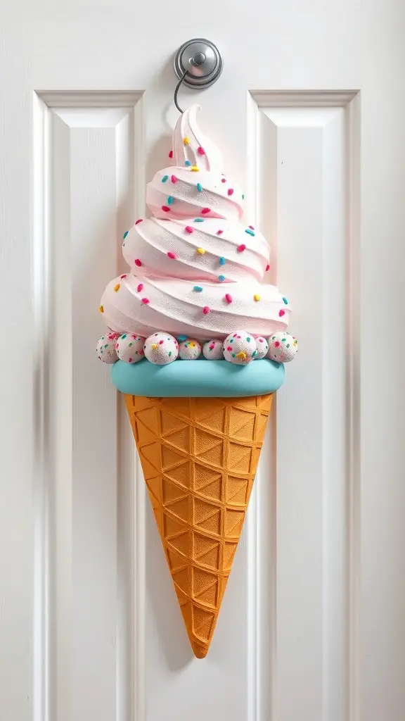 25 Creative DIY Summer Door Hangers to Brighten Your Home 4 Colorful ice cream cone door hanger with pink swirl and sprinkles on an orange cone.