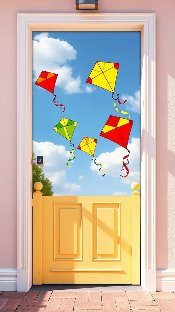 25 Creative DIY Summer Door Hangers to Brighten Your Home 17 A door decorated with colorful kites flying against a clear blue sky.