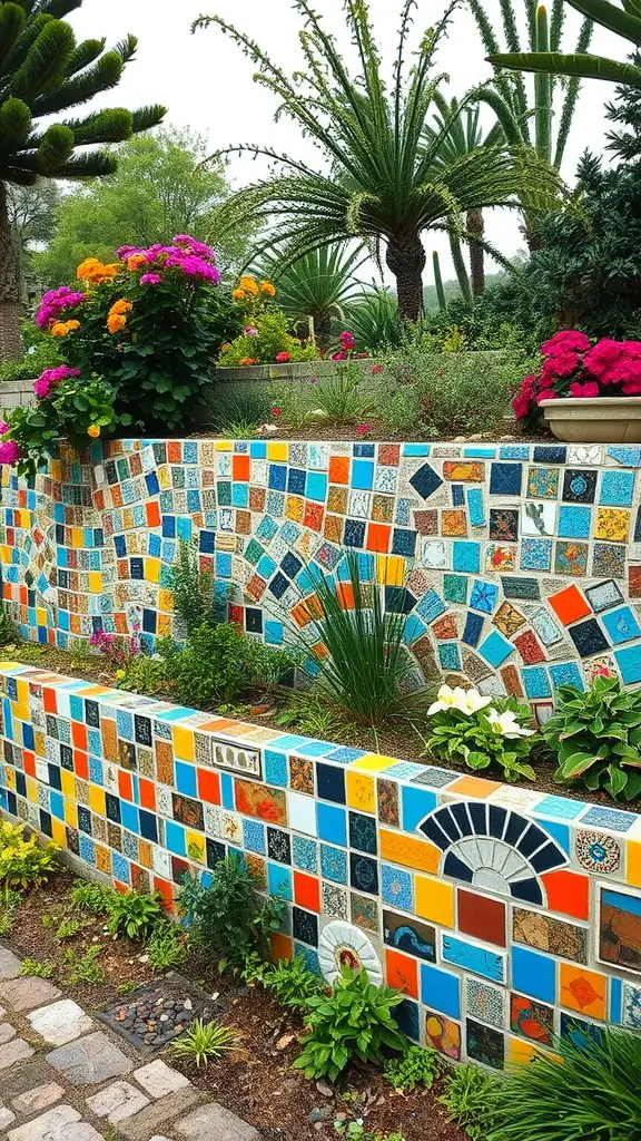 21 Creative Retaining Wall Ideas to Transform Your Landscape 13 Colorful mosaic wall featuring various tiles in bright colors, surrounded by flowers and plants.