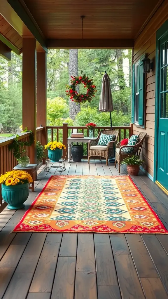 27 Charming Summer Front Porch Decor Ideas You’ll Love 8 A colorful outdoor rug on a porch, surrounded by flowers and seating.