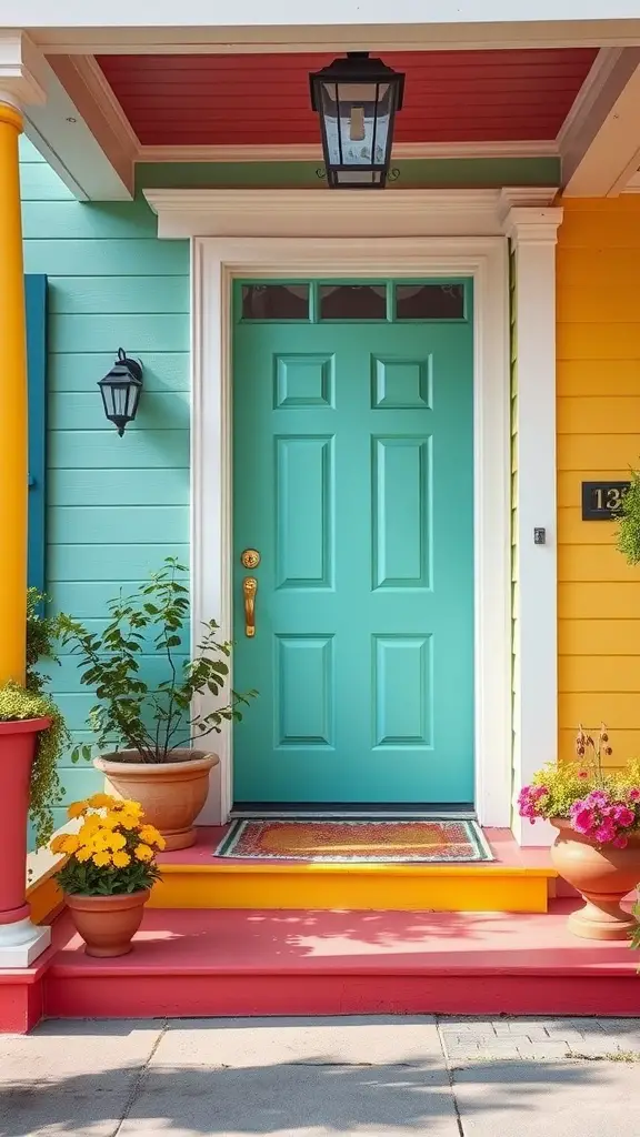 25 Stylish Porch Entryway Ideas to Upgrade Your Home's Curb Appeal 6 Colorful porch with turquoise door, yellow walls, and red accents