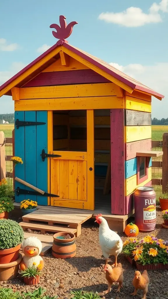 21 Creative Pallet Chicken Coop Ideas You’ll Love 2 A colorful pallet chicken coop with a rooster weathervane, surrounded by potted plants and chickens.