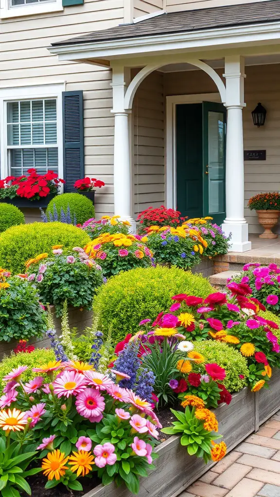 25 Beautiful Raised Flower Bed Ideas for Your Front House 13 A vibrant front yard with raised flower beds filled with a mix of colorful perennials and annuals, enhancing the home's entrance.