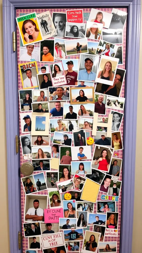 21 Creative Dorm Door Decoration Ideas for a Personal Touch 10 A colorful photo collage on a dorm door, featuring various photos and notes.
