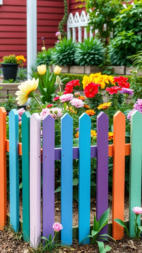 21 Creative Garden Fence Ideas to Transform Your Outdoor Space 8 Colorful picket fence surrounded by vibrant flowers in a garden.