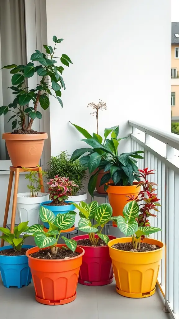 15 Stunning Indoor Flower Pot Ideas for Your Home 7 Colorful plastic pots with various plants on a balcony