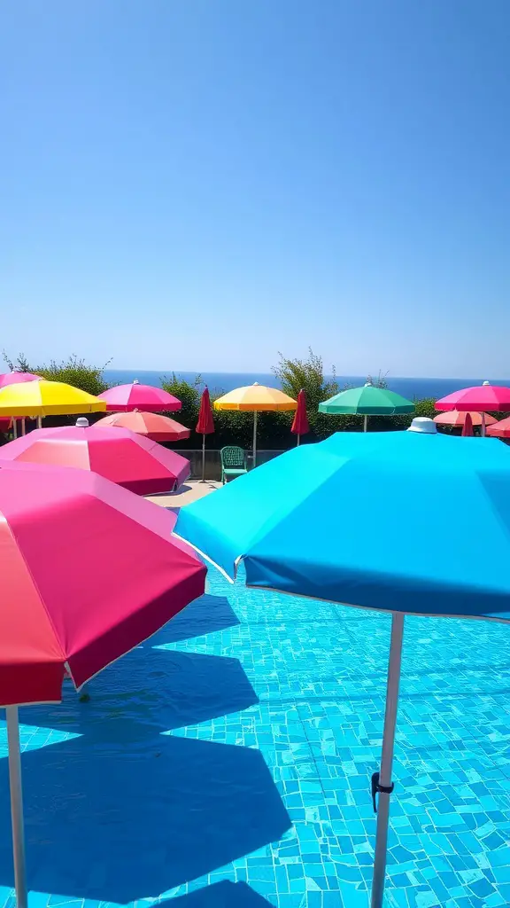21 Creative Pool Patio Ideas to Elevate Your Outdoor Space 6 Colorful umbrellas by the poolside creating a vibrant atmosphere