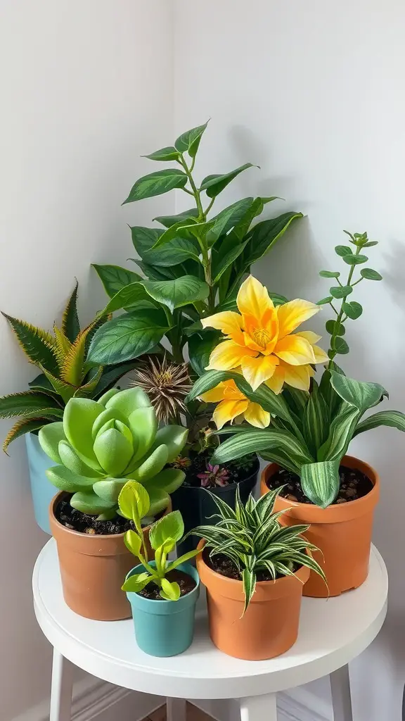 15 Inspiring Living Room Plant Decor Ideas 24 A collection of various plants in colorful pots, featuring a vibrant yellow flower, arranged on a white table against a light wall.