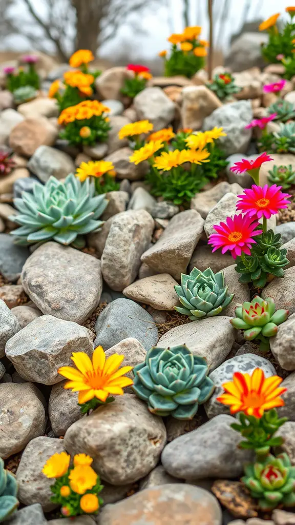 A colorful rock garden featuring bright flowers and various stones.