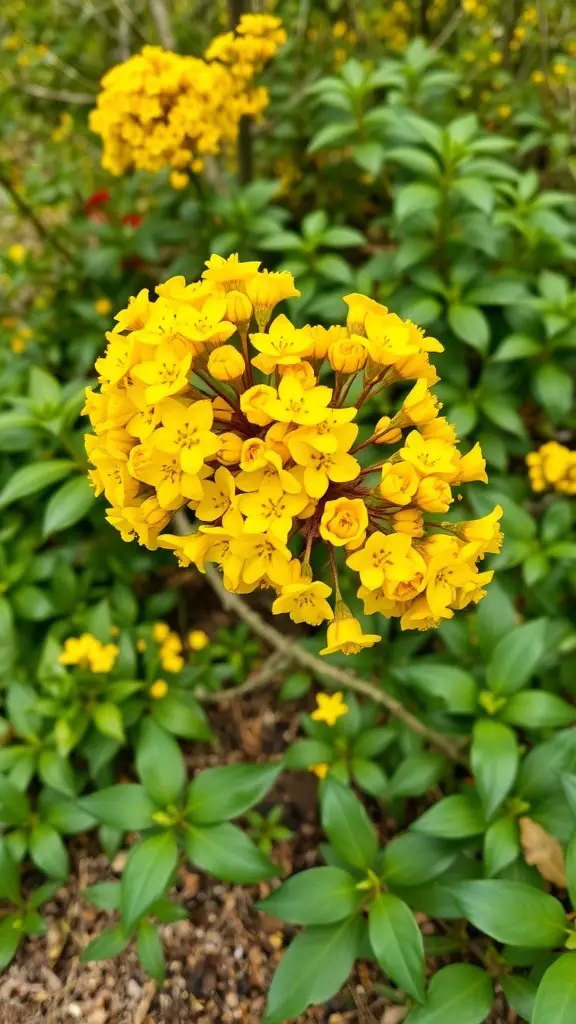 23 Stunning Evergreen Shrubs to Enhance Your Garden 6 Clusters of bright yellow flowers on a Spicebush shrub with green leaves in the background.