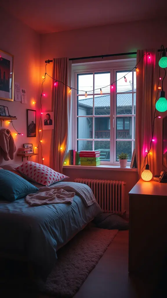 19 Cozy Dorm Room Aesthetic Ideas to Transform Your Space 16 A cozy dorm room with colorful string lights around the window, a neatly made bed, and a warm inviting atmosphere.