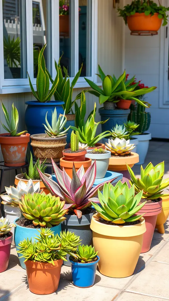 19 Stunning Patio Plant Ideas for Container Gardening 6 A variety of colorful succulent plants arranged in pots on a patio.