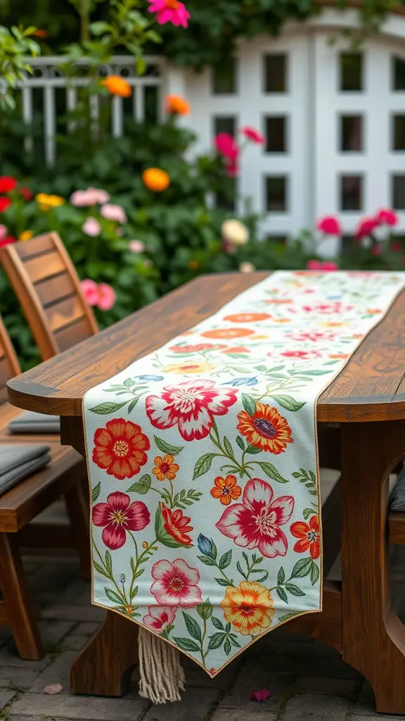 A colorful floral table runner on a wooden outdoor table surrounded by flowers.