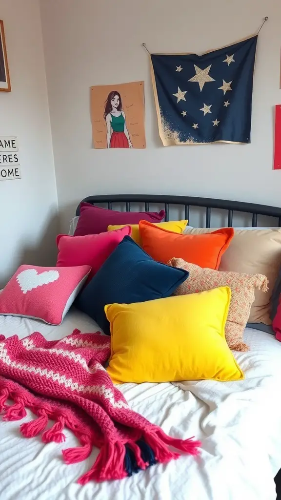 19 Aesthetic Dorm Room Ideas You’ll Love 11 A bed with colorful throw pillows and a pink knitted blanket, creating a cozy and inviting dorm room setting.