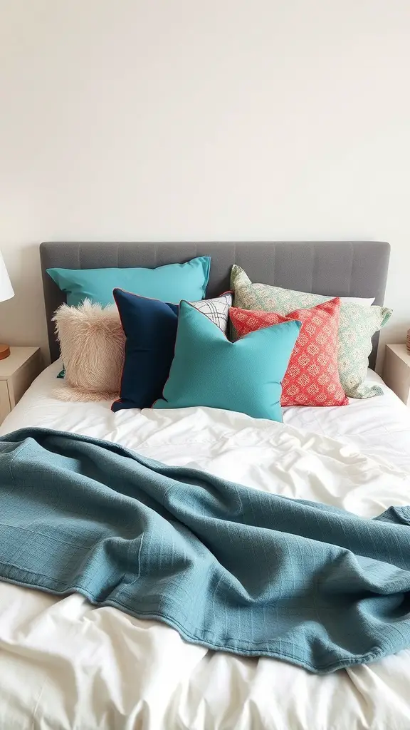 15 Adorable Dorm Room Ideas to Transform Your Space 8 A bed with colorful throw pillows and a blanket in a dorm room