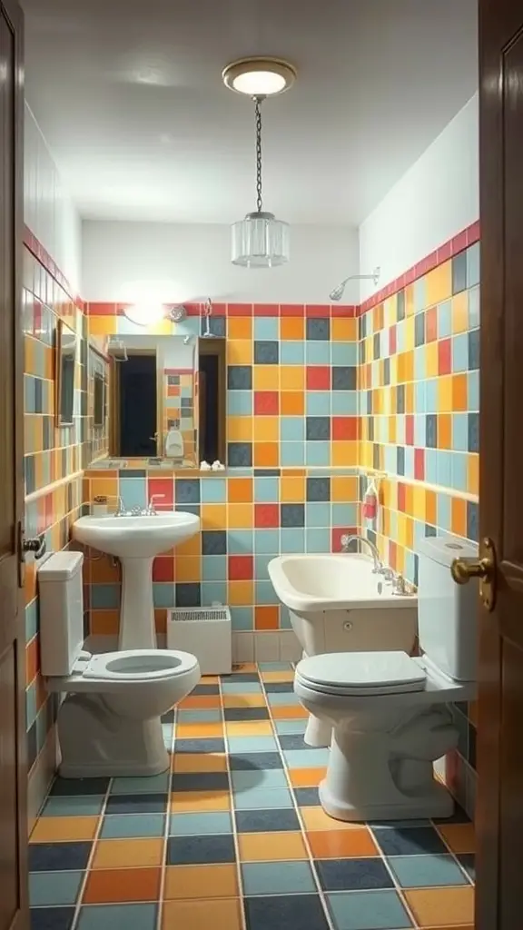 15 Fabulous 70s Bathroom Aesthetic Ideas to Inspire Your Renovation 12 A vibrant 70s style bathroom featuring colorful tile patterns in blue, orange, and yellow.