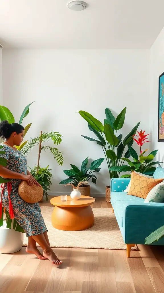 15 Inspiring Living Room Plant Decor Ideas 13 A cozy living room decorated with colorful tropical plants, featuring a woman seated with a round wooden coffee table and a teal sofa.