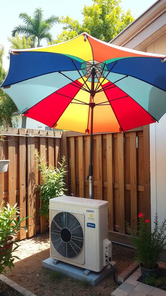 15 Creative Outdoor Ideas for AC Unit Covers 14 A colorful umbrella providing shade over an outdoor air conditioning unit surrounded by plants.