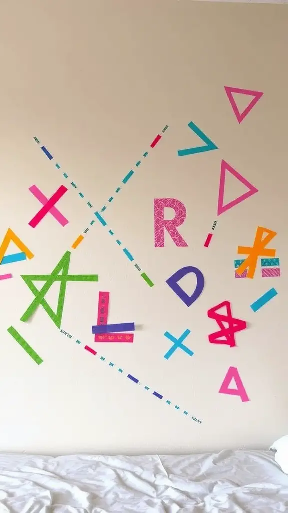 19 Creative Dorm Wall Decor Ideas to Personalize Your Space 11 Colorful washi tape art on a beige wall with various shapes and letters.